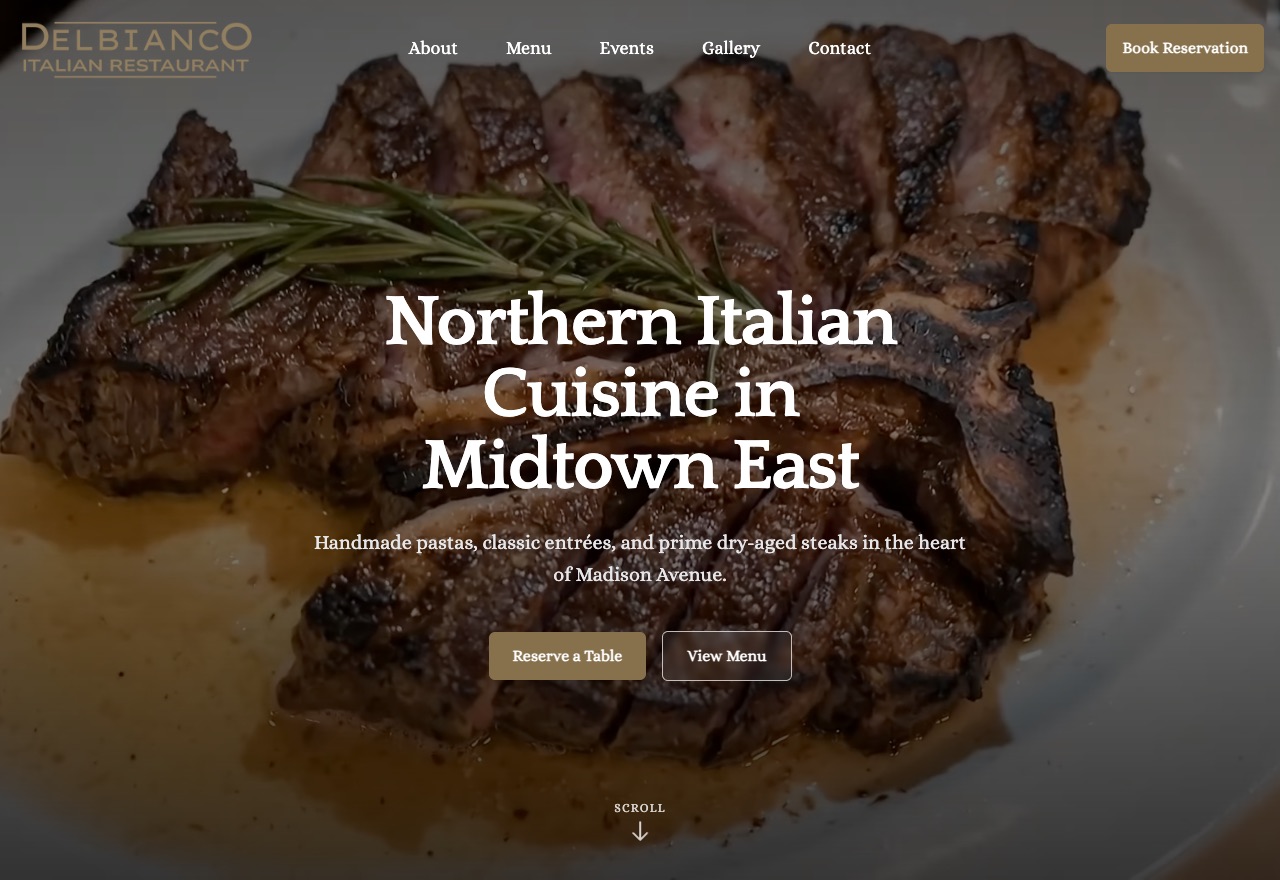 Delbianco Italian Restaurant website, built by 88 Restaurants